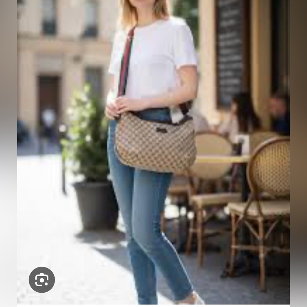 Gucci GG canvas half moon hobo crossbody bag signature red and green web strap